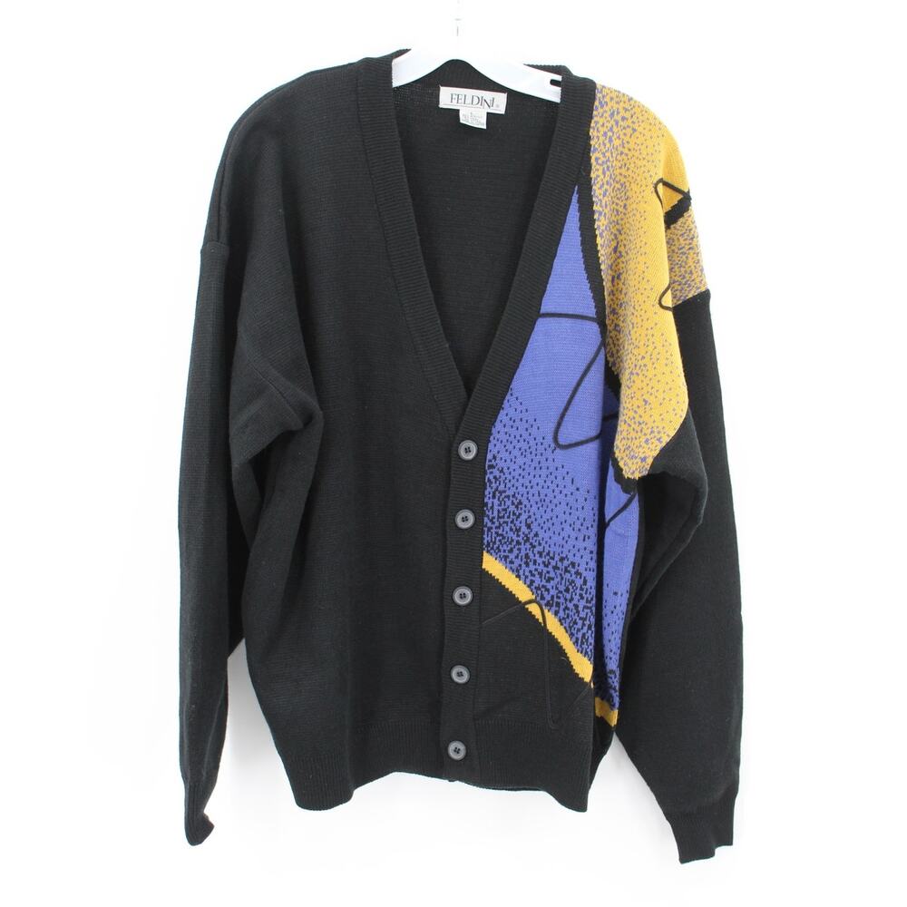 Vintage Feldini Mens Cardigan Sweater Large Artsy Black Gold Acrylic Wool
